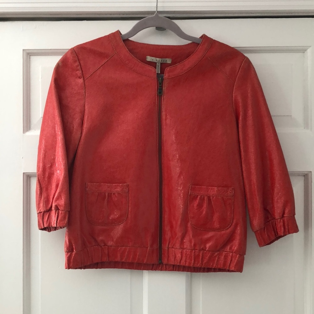 in Suede Orange Cracked Leather Bomber Jacket S
